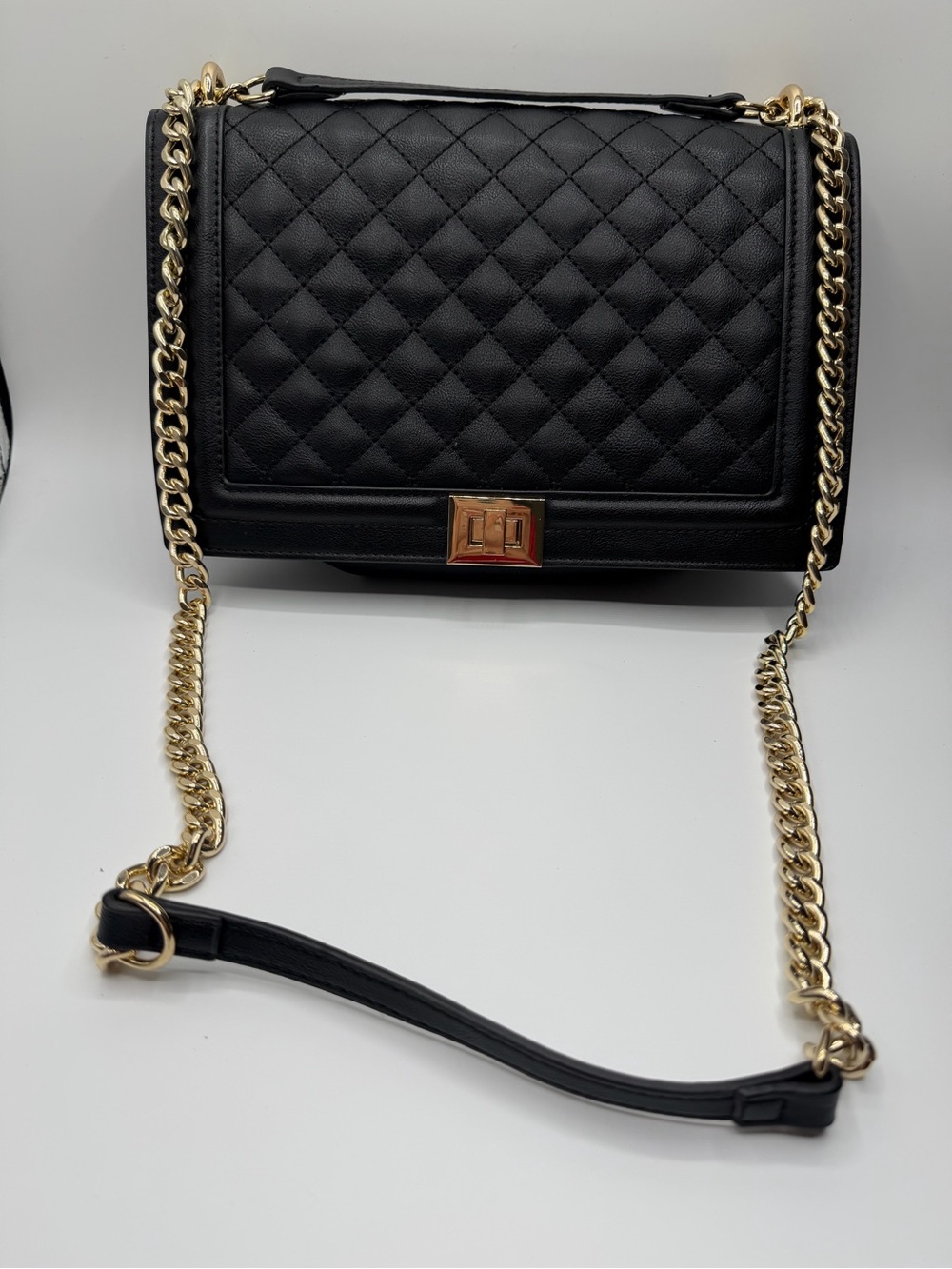 INC International Concepts Black Quilted Shoulder Bag with Gold Chain Strap